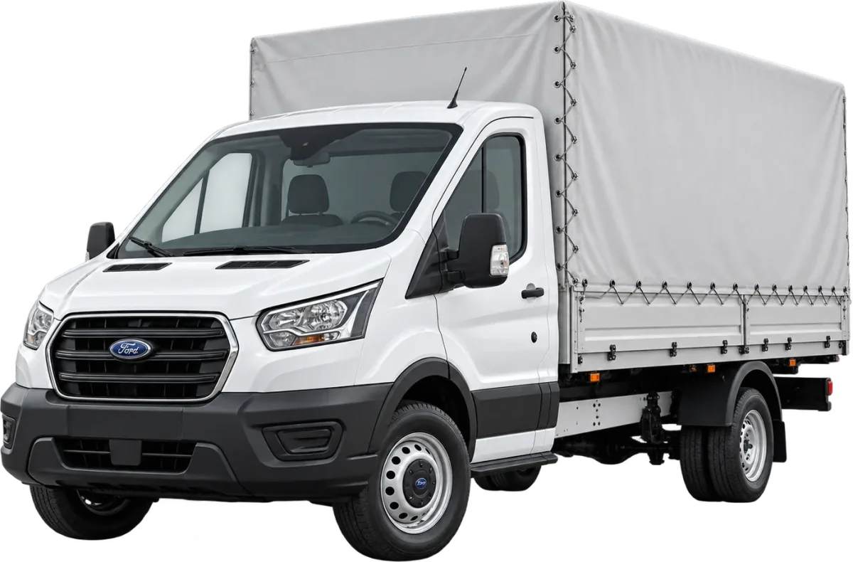 Beyaz Ford Transit, gri tenteli kasa, önden çapraz görünüm